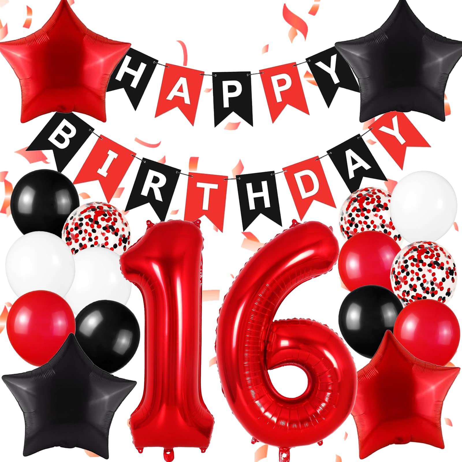 Photo 1 of Happy 16th Birthday Decorations For Boys Girls, Black And Red Happy Birthday Banner, Red 16 Balloon Numbers 40 Inch, 16 Birthday Balloons For Red And Black Birthday Decorations