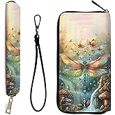 AIRWEE Wallet Women RFID Blocking PU Leather Multi Credit Card Large Capacity Zip Wallet, Ultra Slim Holder Bifold Clutch Coin Travel Purse with Wristlet Wallets for Women Men, Dream Dragonfly