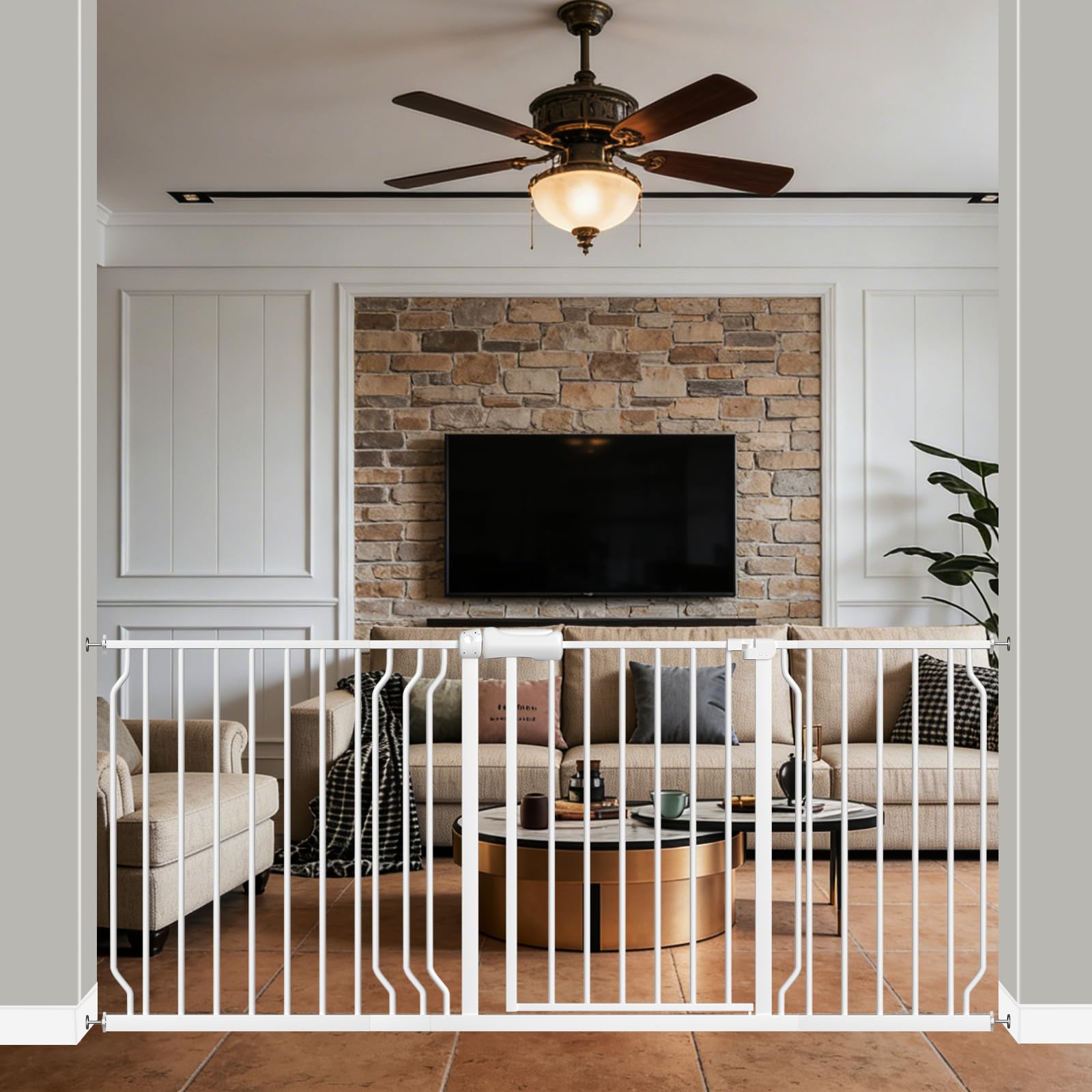 WAOWAO Baby Gate 66.93-71.61" Extra Wide Pressure Mounted Walk Through Swing Auto Close Safety White Metal Toddler Kids Child Dog Pet Puppy for Stairs,Doorways,Kitchen Image