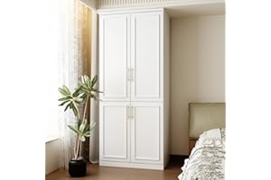 FUFU&GAGA Wardrobe Closet with 4 Doors, Modern White Bedroom Armoire with Gold Handles, Modern Clothes Storage Cabinet with Shelves, Hanging Rods for Cloakroom, 31.7”W x 19.3”D x 74.8”H