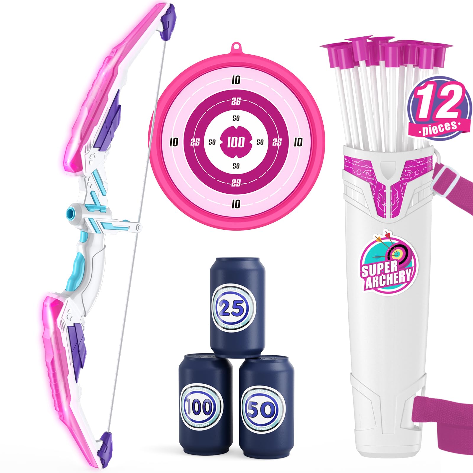 HYES Bow and Arrow for Kids, LED Light Up Archery Set with 12 Suction Cup Arrows, 1 Hanging Target, 3 Score Targets, 1 Quiver, Indoor Outdoor Sport Gifts for Boys Girls Ages 4-12, Purple