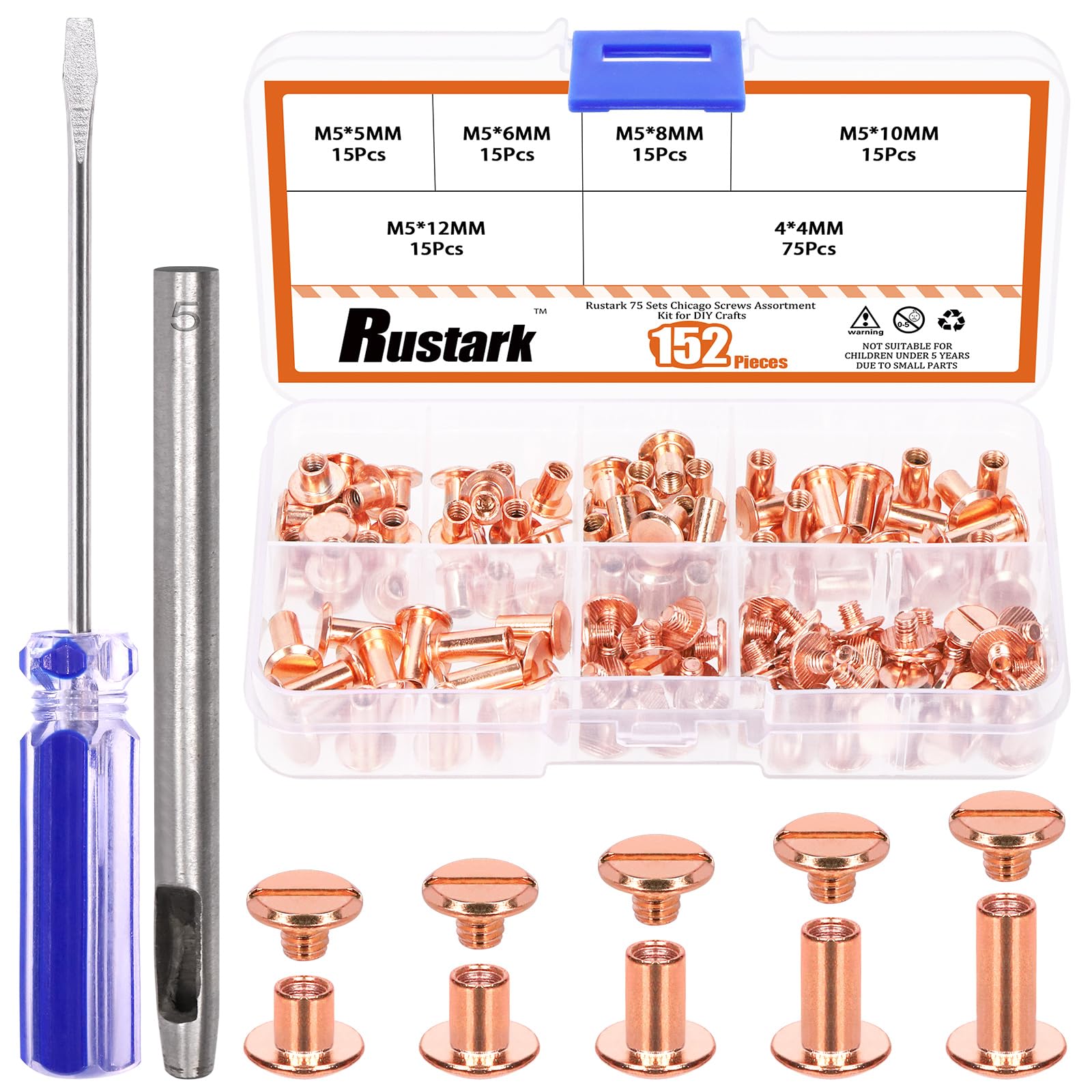 Rustark 75 Sets 5 Sizes M5 Rose Gold Chicago Screws Assorted Kit with Setting Tools Kit, Round Flat Head Chicago Rivets Chicago Bolts Chicago Metal Screws Studs for DIY Leather Craft Bookbinding