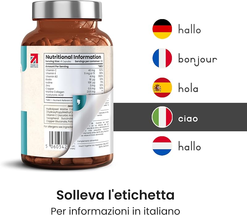 Collagene Marino con Acido Ialuronico 2450mg | 120 Capsule | Peptidi di Collagene Idrolizzato con Vitamina C, E, B2, Biotina, Zinco, Rame | Biotina e Zinco per Pelle e Capelli | VitaBright
