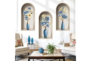 decalmile 3D Flower Vase Wall Stickers Blue Flower Gold Leaves Wall Decals Bedroom Living Room Sofa TV Background Home Decor