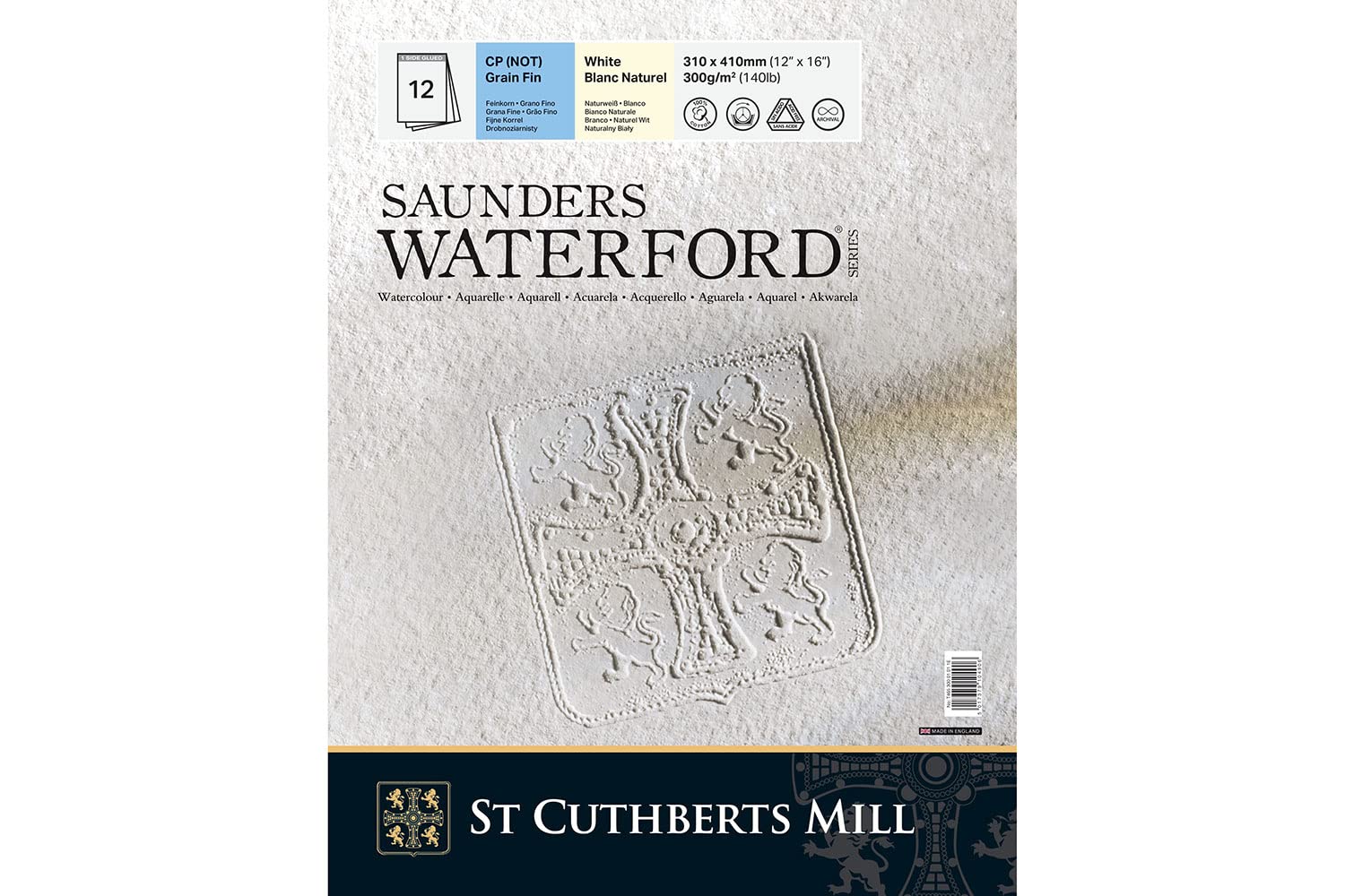 ST CUTHBERTS MILL Saunders Waterford, Fine Art Watercolor Paper, Hard, 300gsm, 4-Sided Glued Pad, 12x16'', Intense White, 20 Sheets