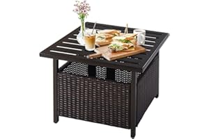 LDAILY Patio Table with Umbrella Hole, 22" D x 22" W PE Rattan Wicker Umbrella Table Small Metal Coffee Table, Outdoor Side Table Furniture for Garden, Poolside, Deck, Backyard