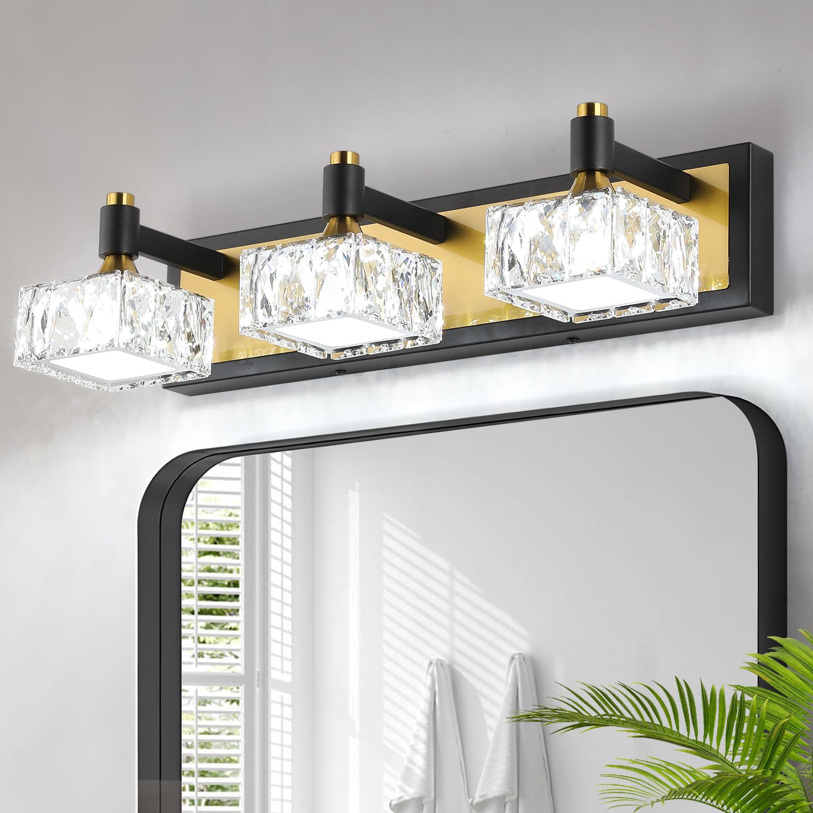 Bicrink 3-Light Bathroom Light Fixtures Over Mirror, Dimmable LED Bathroom Vanity Light with Crystal Shade, Black and Gold Modern Wall Sconce Light, Bathroom Lighting Fixtures Over Mirror, Bath Lamp