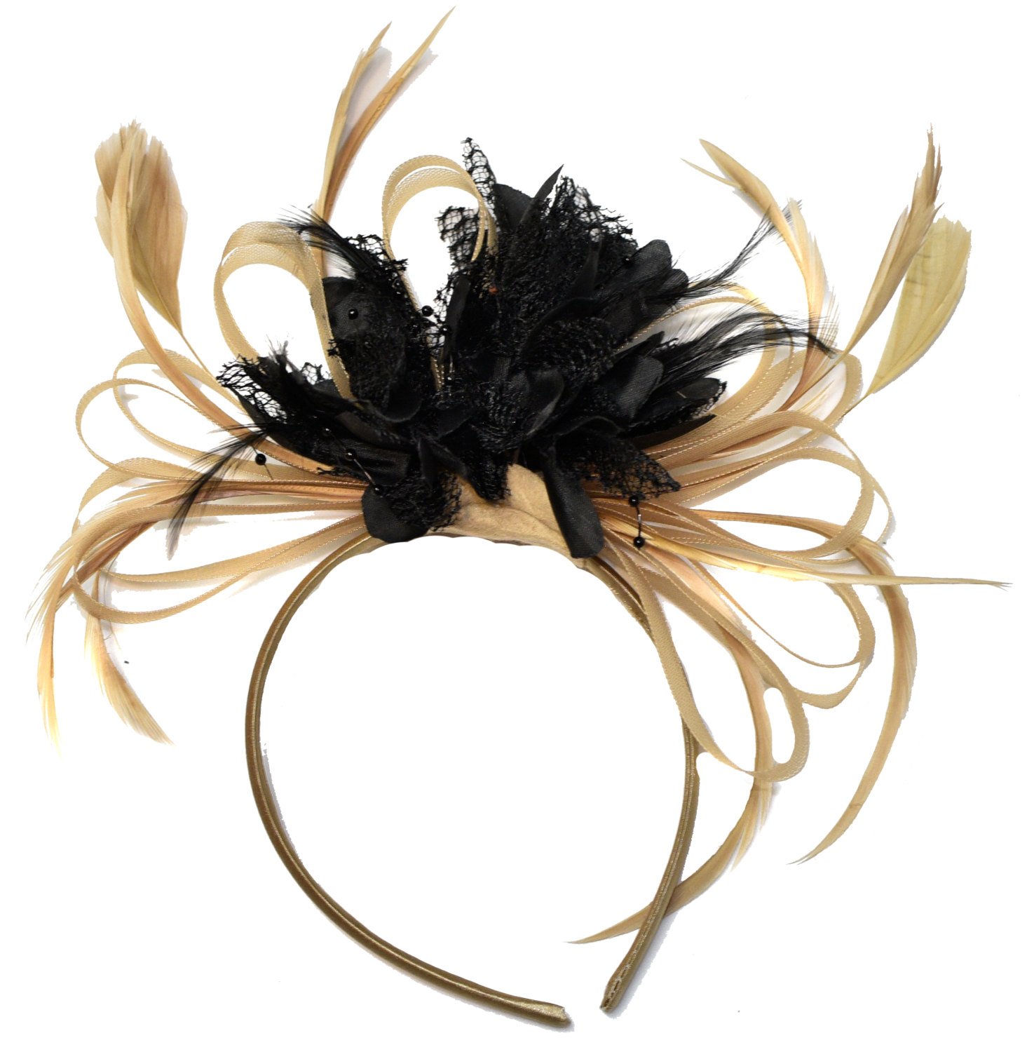 Champagne Gold Beige Camel and Black Fascinator on Headband Alice Band UK Wedding Ascot Races Derby