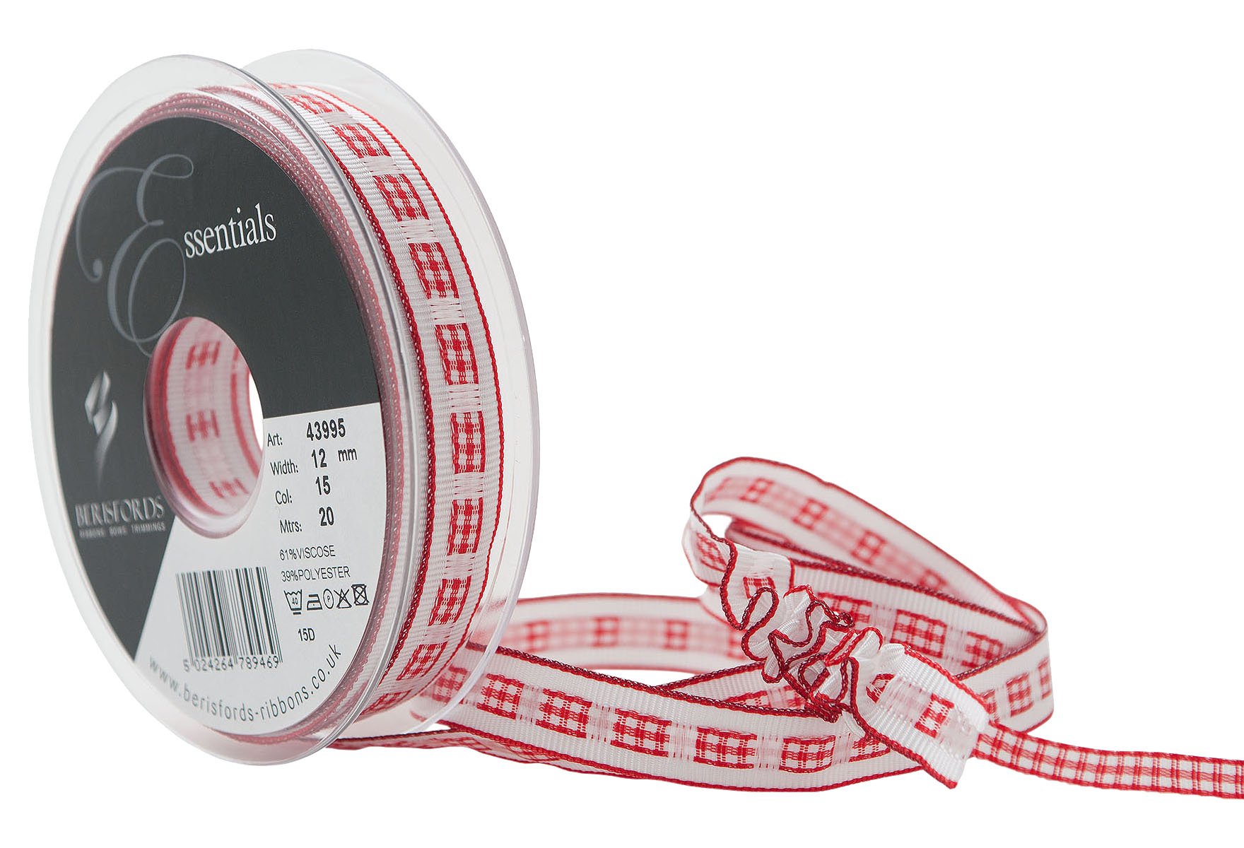 Berisfords Gingham Ruffle Ribbon, Red, 12 mm