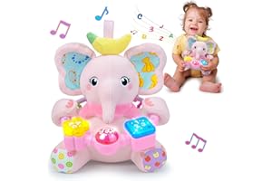 Holaxander Baby Elephant Musical Stuffed Animals Toy with Light-Up Music & Crinkle Sound Paper,Infant Bilingual Early Learning Education Toys,Tummy Time Toys for 0-3-6-12+ Months Boy Girl, Pink
