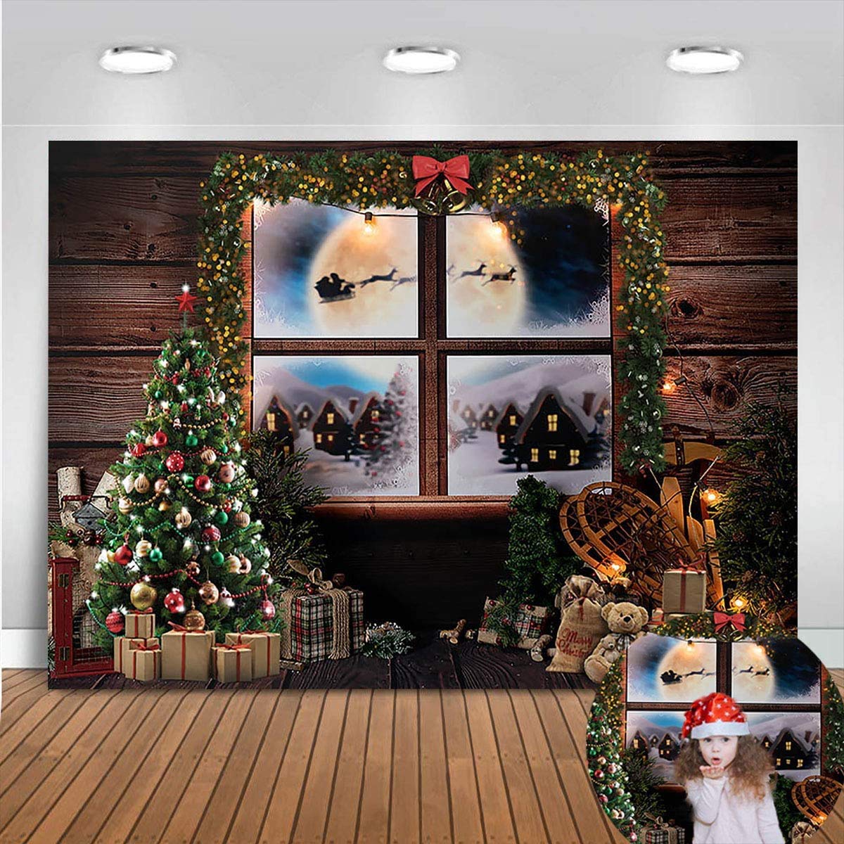 Avezano 8x6ft Christmas Window Backdrop Wooden Floor Xmas Tree Gift Room Family Party Decoration Banner New Year Baby Shower Kids Portrait Photo Studio Booth Props