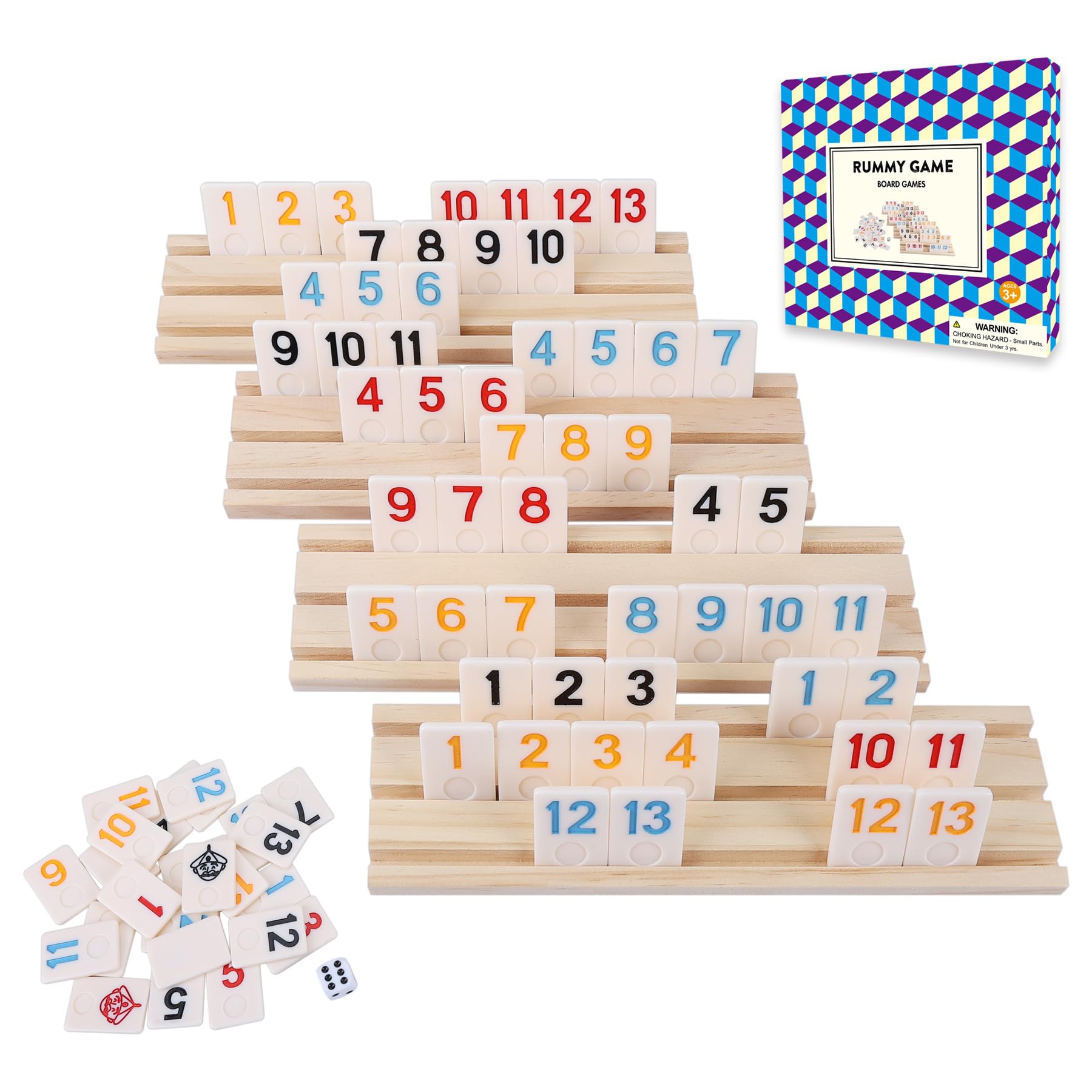 GOTHINK Rummy Tiles Game, Classic Large Numbers Rummy Cube Games with 106 Tiles, 4 Wooden Playing Rack, 1 Dice, Great Gift for Kids Adults and Family Funny Party Games (2-4 Players)