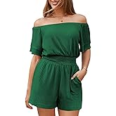 Fixmatti Womens Off The Shoulder Romper Short Sleeve Smocked Waist Mini Jumpsuit with pockets