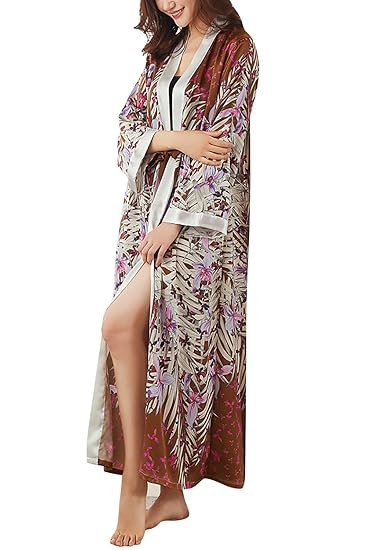 Dolamen Damen Morgenmantel Kimono, Satin Nachtwäsche Bademantel Robe mit Blumenblüten Kimono Negligee Seidenrobe Locker Schla