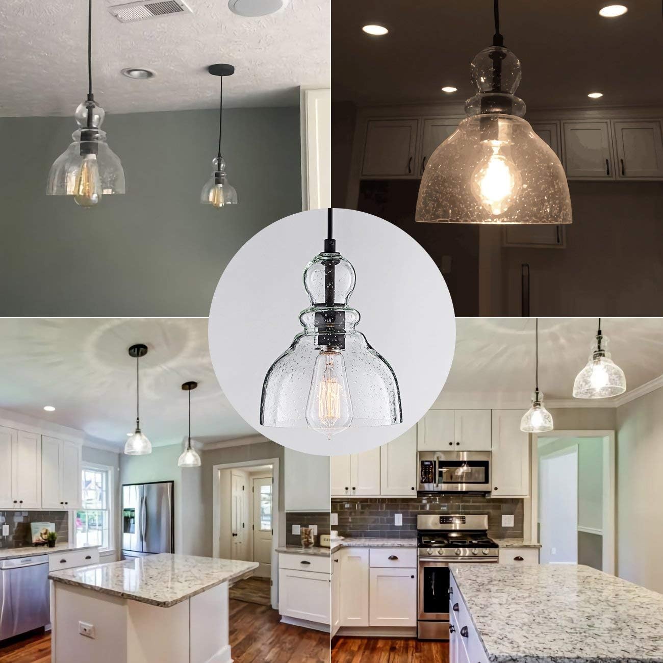 LANROS Industrial Mini Pendant Lighting with Handblown Clear Seeded Glass Shade, Adjustable Cord Farmhouse Lamp Ceiling Pendant Light Fixture for Kitchen Island Restaurant Kitchen Sink, Black, 1 Pack - - 