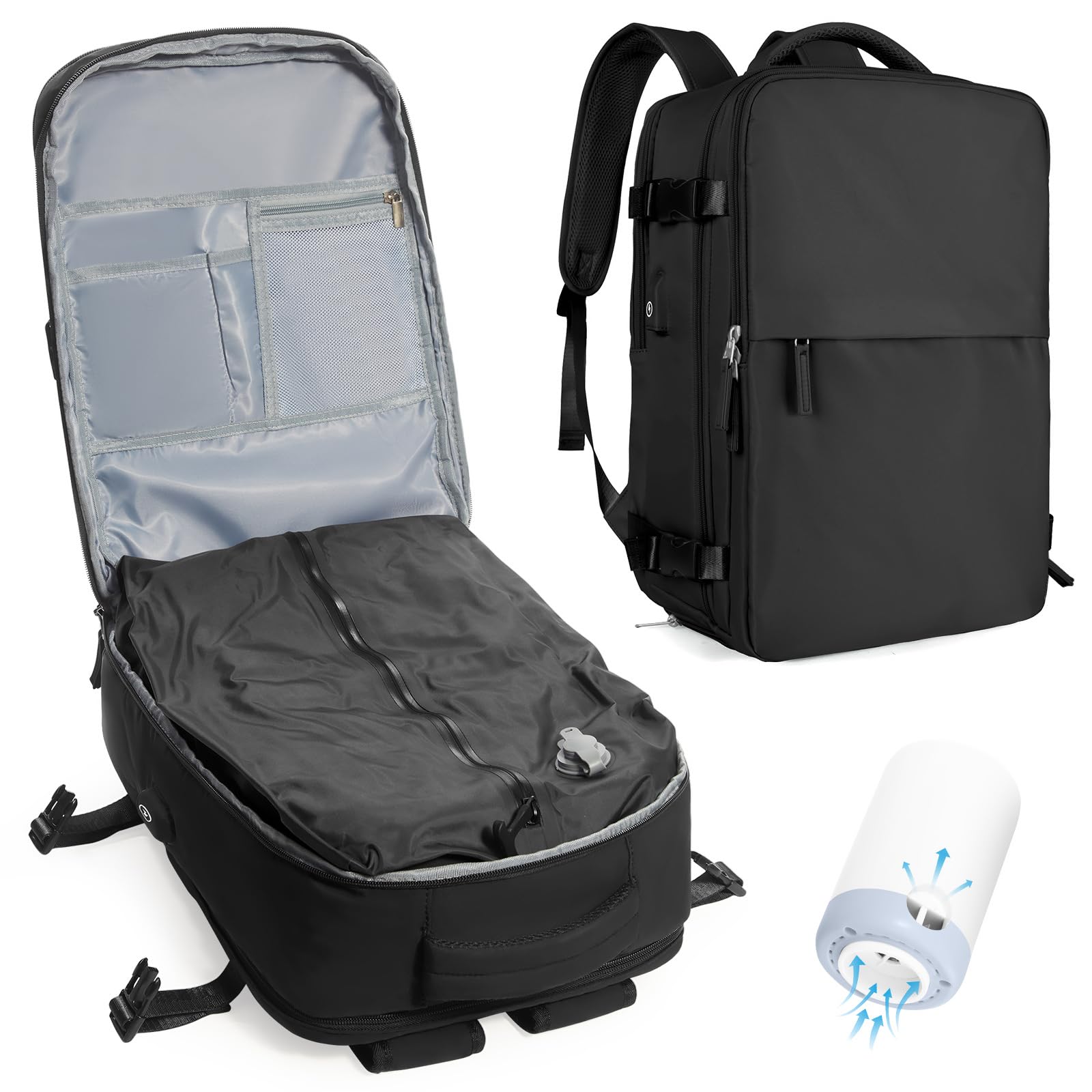 Photo 1 of WEPLAN Travel Backpack with Vacuum Compression, Waterproof Travel Backpacks with Air Pump, Large 18×14×8 inch Personal Item Bag United Airlines Approved, Black