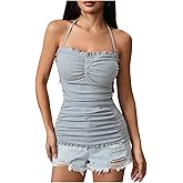 MakeMeChic Women's Ruffle Halter Tops Y2k Backless Frill Trim Going Out Tank Tops