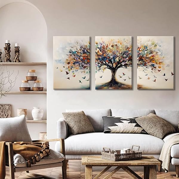 QENUNDME 3PCS TREE OF LIFE CANVAS WALL ART FOR LIVING ROOM WALL DECOR ARTWORK LARGE ABSTRACT COLORFUL BLOOMING TREE PRINTS PICTURES PAINTINGS MODERN TREE POSTER BEDROOM OFFICE HOME DECOR 16X24IN
