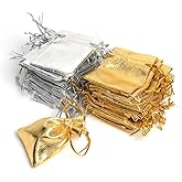Wudygirl 100 PCS 3.54X4.72 inches Drawstring Satin Bags Mixed Gold Silver Jewelry Wedding Party Marbles Coins Pouches Bag (100 pcs Mix Gold Silver)