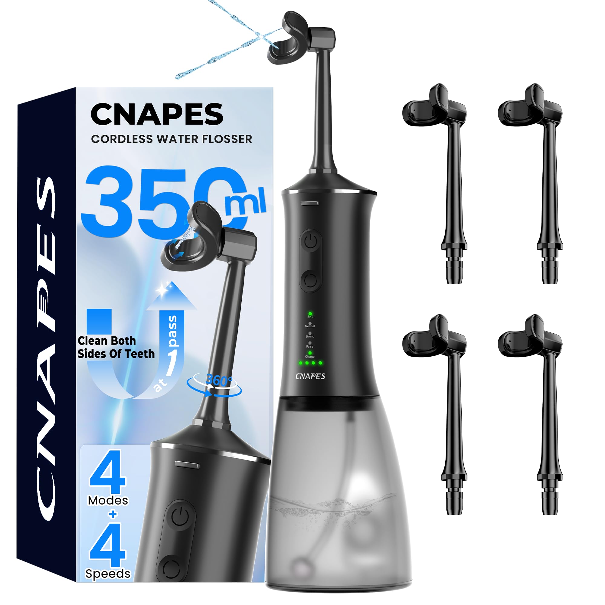 Photo 1 of CNAPES U-Shaped Water Flosser Cordless for Teeth- 4 Nozzles for 360° Deep Cleaning in 1 Pass, 350ML Large Tank, 16 Pressure Modes, 30-Day, Rechargeable Water Dental Picks for Travel/Braces, Waterproof