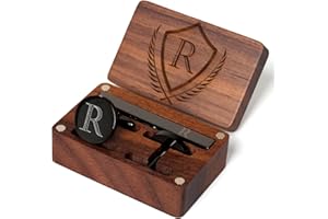 PROPHET CLUE PC Mens Initial Cufflinks and Tie Clip A-Z Alphabet Letter Black Stainless Cuff Links Tie Bar with Engraved Walnut Wood Box Groom Groomsman Wedding Set