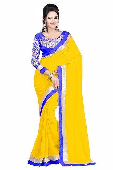 Winza Designer Womens Chiffon Saree with Blouse (Navy Blue)