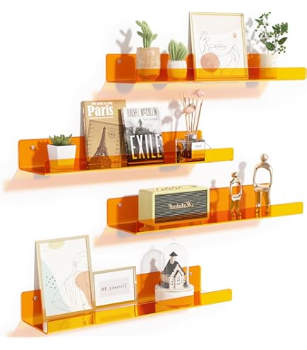 ROYALITA Set Of 2 Small Acrylic Floating Shelves - 12 Inch Wall Mounted, U-Shape Display Shelves For Plants, Decor (Orange)