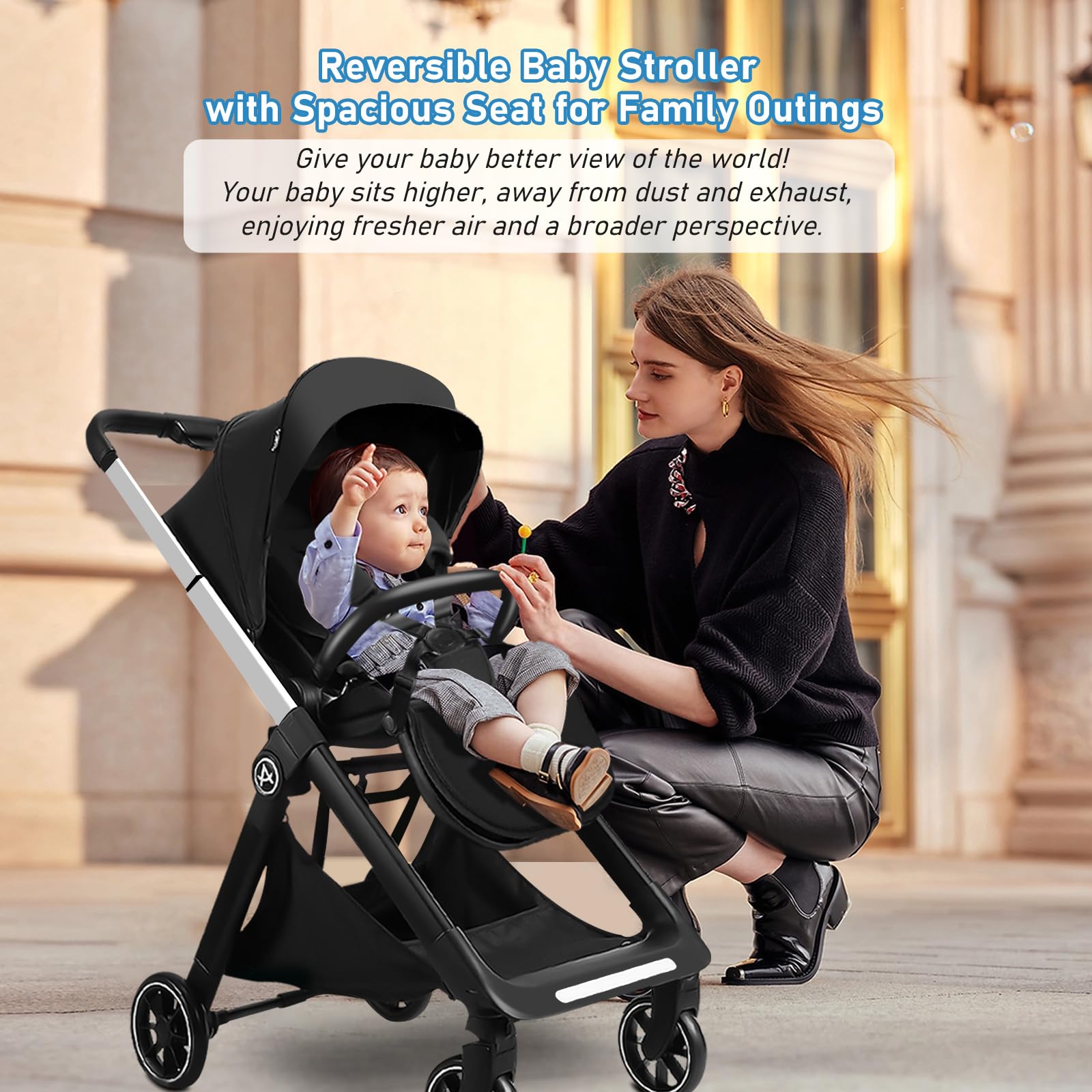 Reversible Baby Stroller, Foldable Toddler Stroller with Reversible Seat, Hidden Foot Cover & Sleep Shade, 4-Wheel Shock- Absorbing, Infant Pram Pushchair for 0-3 Year Old (Max 22KG)