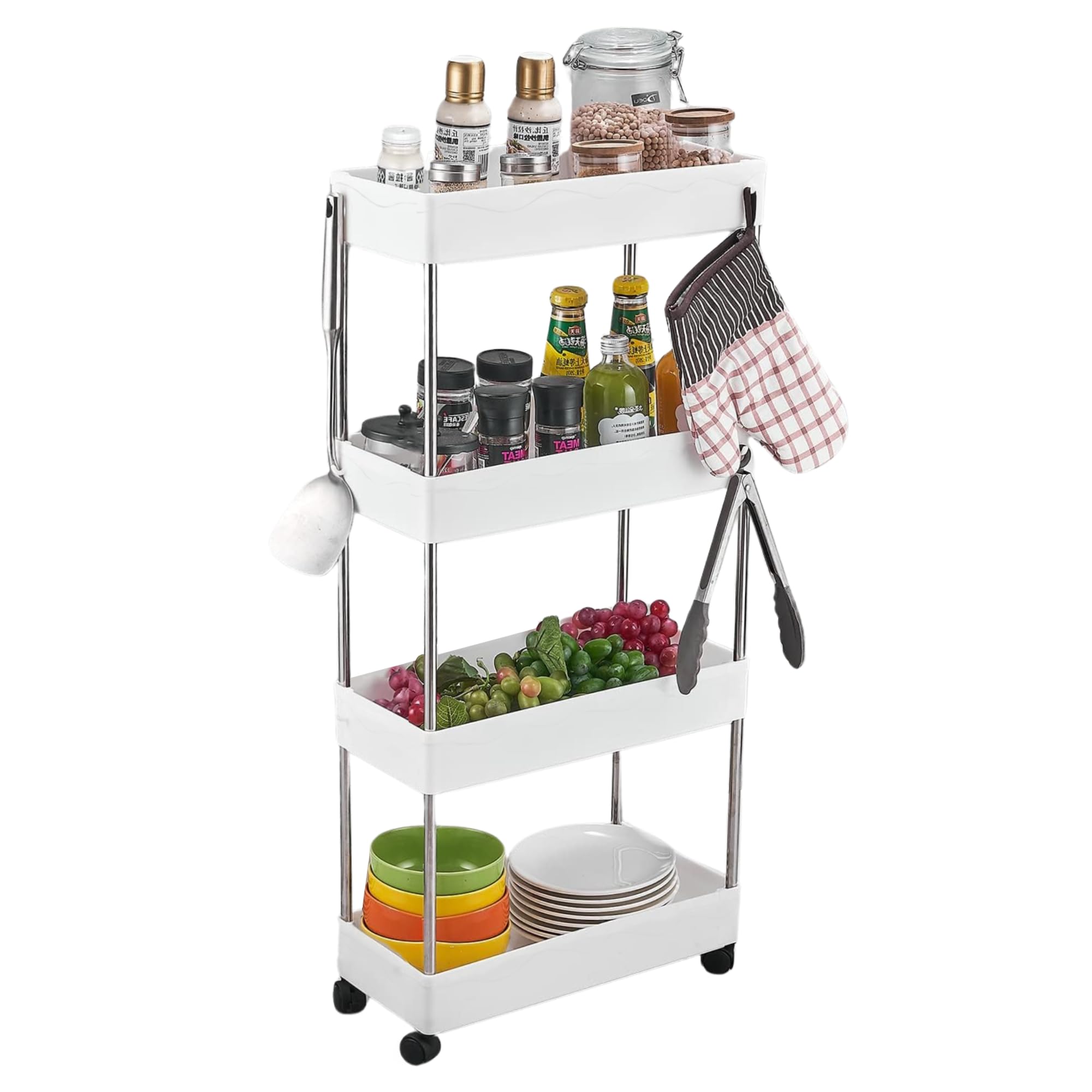 Organizer Cart, Storage Trolley, Organizer Cart, Storage Trolley, Bathroom Cart with Wheels, Easy to Move, Removable Hooks, Divisible, Plastic for Storage, Kitchen,or Bathroom. (4 Levels/86x40x12cm)