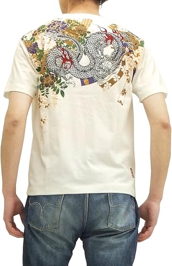 Amazon 絡繰魂 Tシャツ 白龍刺繍 和柄 メンズ 半袖tee オフ白 Tシャツ カットソー 通販