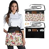 Slohif Reversible Server Apron 6 Pockets - Waist Apron for Waitress Women Half Serving Short Apron Waiter Kitchen Accessories