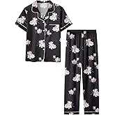 Umeyda Girls Womens Pajamas Set, Satin Silky Button Down Loungewear 2 Piece Short Sleeve Pants PJS Sets for Mommy Kids
