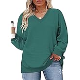 DOLNINE Plus-Size-Tops for Women Casual V Neck Pullover Cute Waffle Knit Lantern Sleeve Sweaters Fashion Side Split Tunics