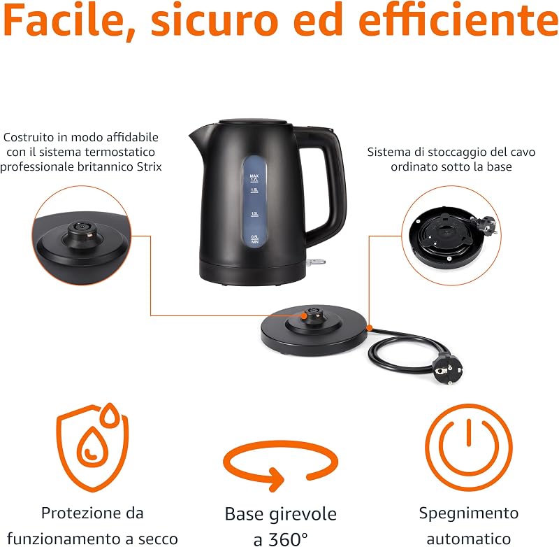Bollitore Elettrico 1,7L, 2200 W, Senza BPA con Base a 360°, Spegnimento Automatico e Filtro Anticalcare Estraibile, Nero Opaco