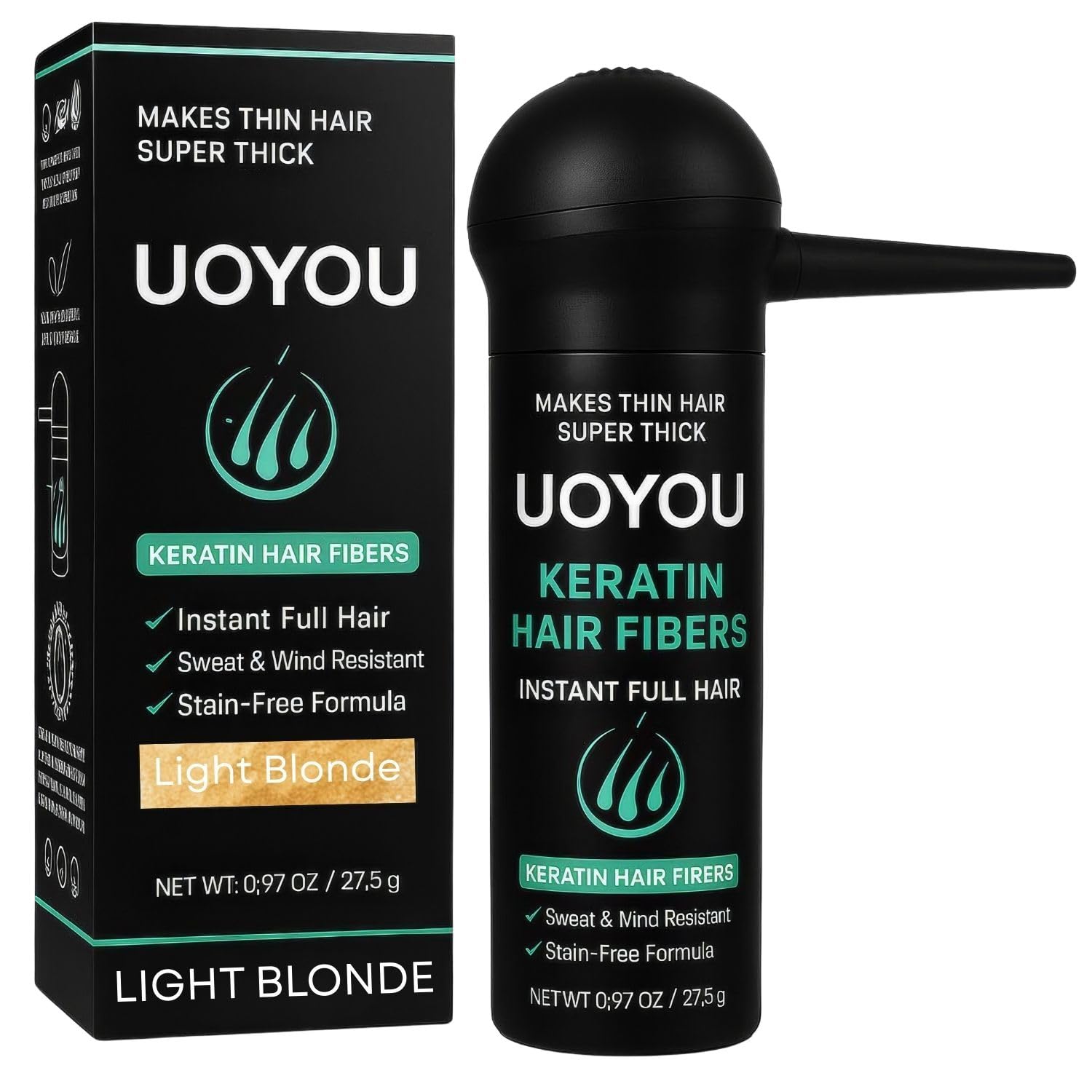 UOYOU Hair Fibres LIGHT BLONDE 27.5g with Pump Applicator – Natural Keratin Hair Building Fibers for Thinning Hair – Undetectable, Sweat- & Wind-Resistant Concealer for Men & Women