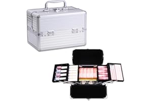 Buanson Portable Cosmetic Box Makeup Train Case Lockable Makeup Case Organizer 4 Trays Makeup Storage with Mirror Locking for Makeup Storage Box-6.69"x6.69"x9.84" (Sliver)