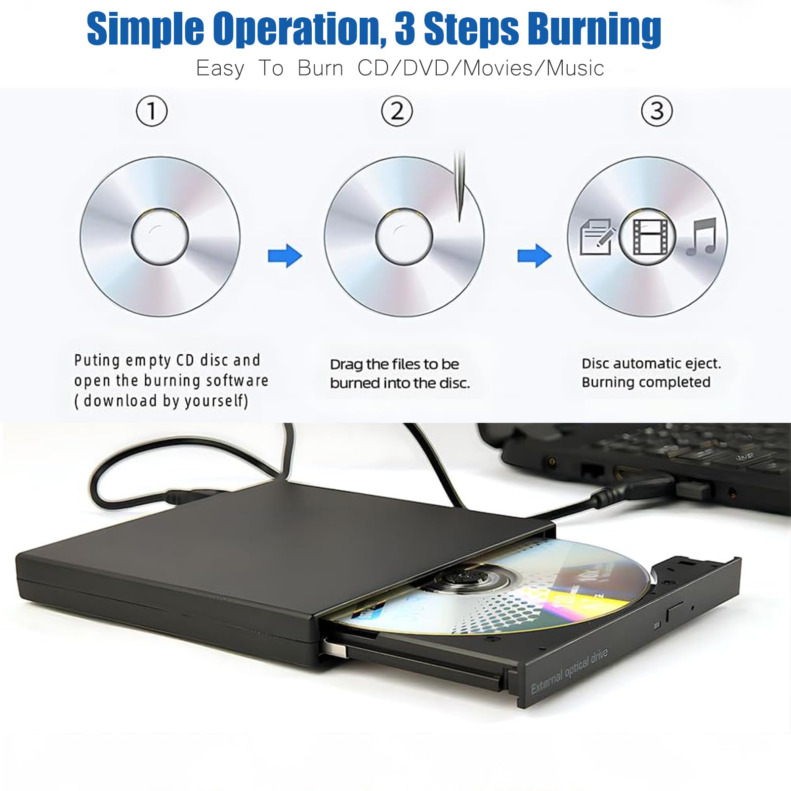 External CD/DVD Drive for Laptop PC,USB Silm Portable CD Burner +/-RW DVD ROM Player Reader Writer Optical Disc Drive for Laptop Desktop PC Windows 11/10/8/7 Linux OS Mac Macbook（with Type-C adapter）