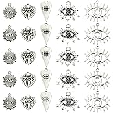 SUNNYCLUE 1 Box 50Pcs 5 Styles Silver Eye Charms Metal Evil Eye Charms Antique Tibetan Metal Alloy with Sun Heart Dangle Pendants for Jewelry Making Supplies Bracelets Necklace Earrings DIY Crafts