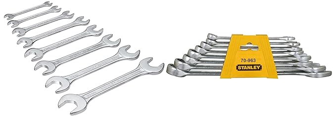 Stanley 70-379E Matte Finish Double Open End Spanner Set, 8-Piece Set + Stanley 70-963E Combination Spanner Set (8-Pieces), Chrome