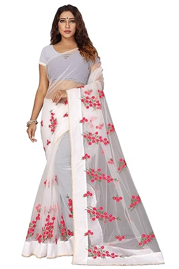 Kitty Party Women's Mono Net Embroidered And Pearl Work Saree(New9)