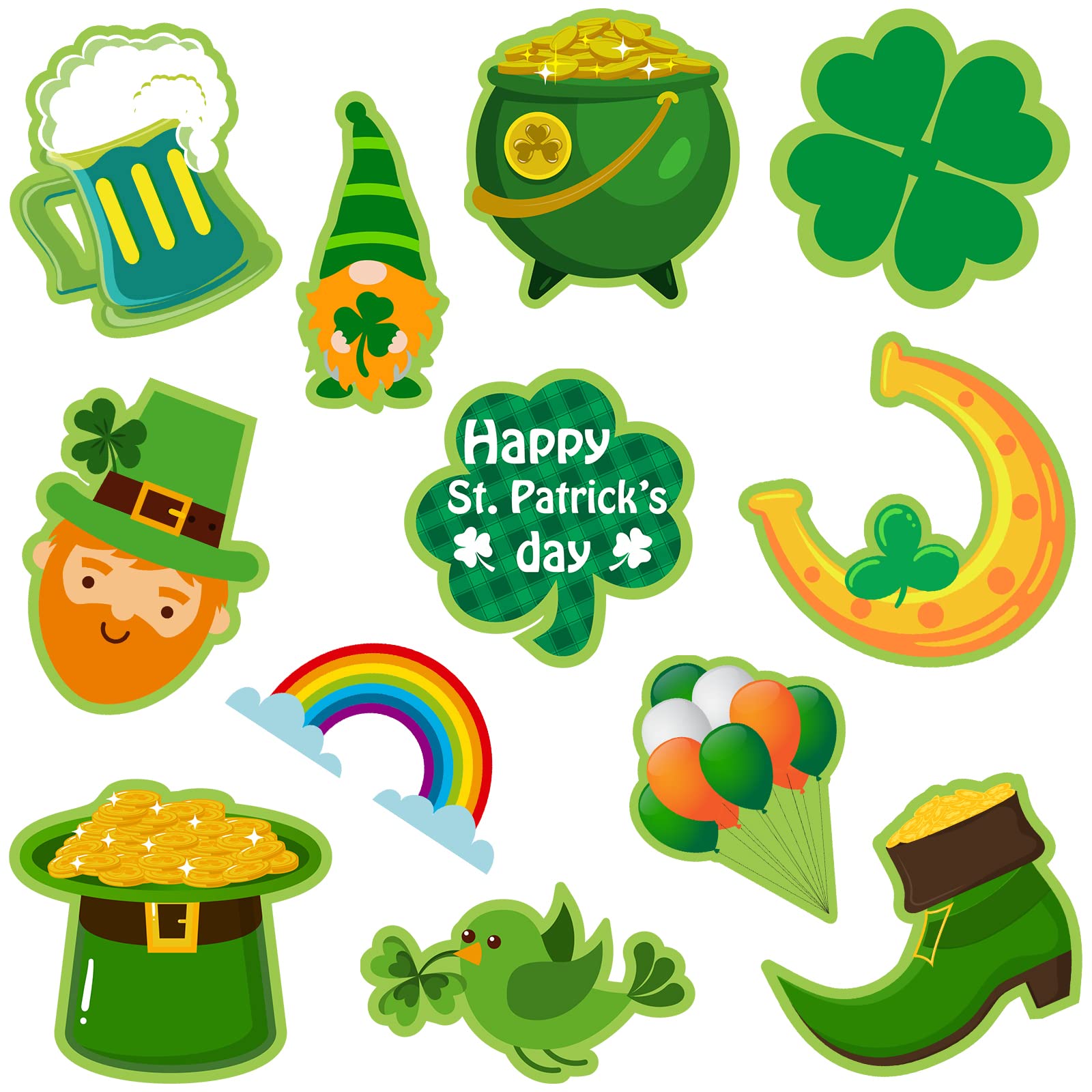 12 Pcs St. Patrick's Day Cut Outs Irish Shamrock Clover Cut Outs Double Sided Printed St Patricks Day Classroom Decorations Cartoon Birds Shoes Lucky Green Rainbow Beer Paper Cut Outs for Home Board