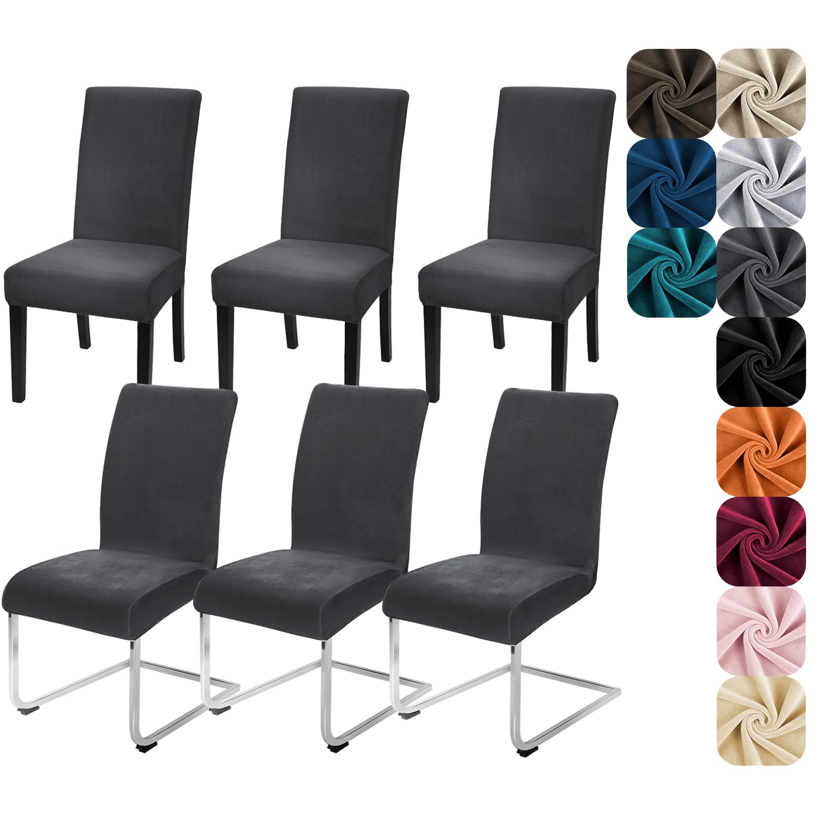 Alishomtll Dining Chair Covers Set of 6 Stretch Velvet Chair Covers for Dining Chairs Elastic Removable Chair Slipcovers Reusable Washable Chair Protector for Hotel Banquet Ceremony (Dark Grey, 6pcs)