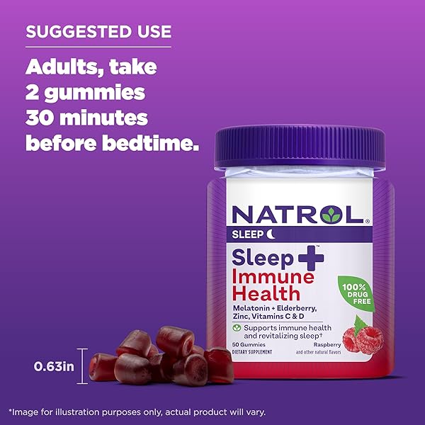 NATROL SLEEP+ IMMUNE HEALTH GUMMY, SLEEP AID & IMMUNITY SUPPORT, ELDERBERRY, VITAMINS C, D AND ZINC, DRUG FREE, 50 BERRY FLAVORED GUMMIES (PACKAGING MAY VARY)