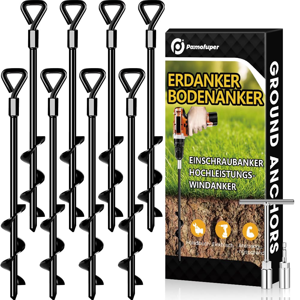 Ground Anchors Screw in Tent Pegs Heavy Duty Trampoline Pegs High Winds, Ground Anchors for Camping Tent, Canopies, Carports, Sheds, Swing Sets, Canopy Stakes Kit, Mobile Home Anchors (8)