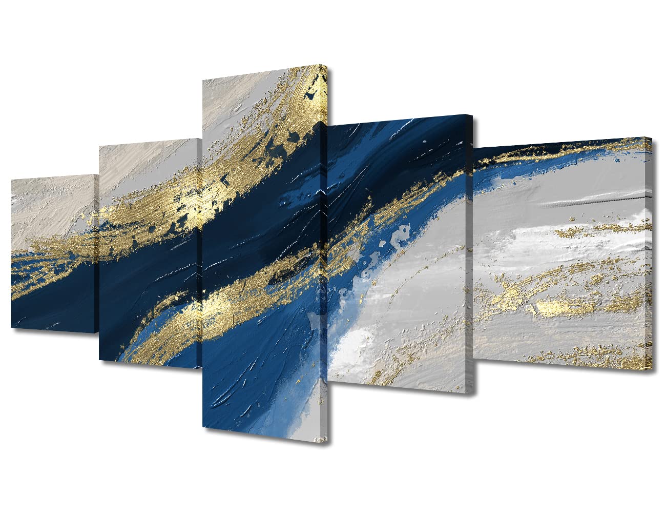 TISHIRON Abstract Wall Art Blue and Gold Marbling Pattern Wall Decor Teal Blue Gray Artwork Canvas Wall Art for Living Room Bedroom Office 5 Piece Artwork Framed Ready to Hang(50" Wx24 H)