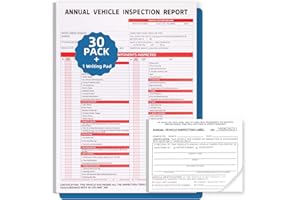 REKZOWN 30-Pack Annual Vehicle Inspection Report Form, 3-Ply Carbonless Form and Hardboard, Includes 30-Pk 2-Ply FMCSA Vinyl Adhesive Label for Annual Inspections, DOT Compliant
