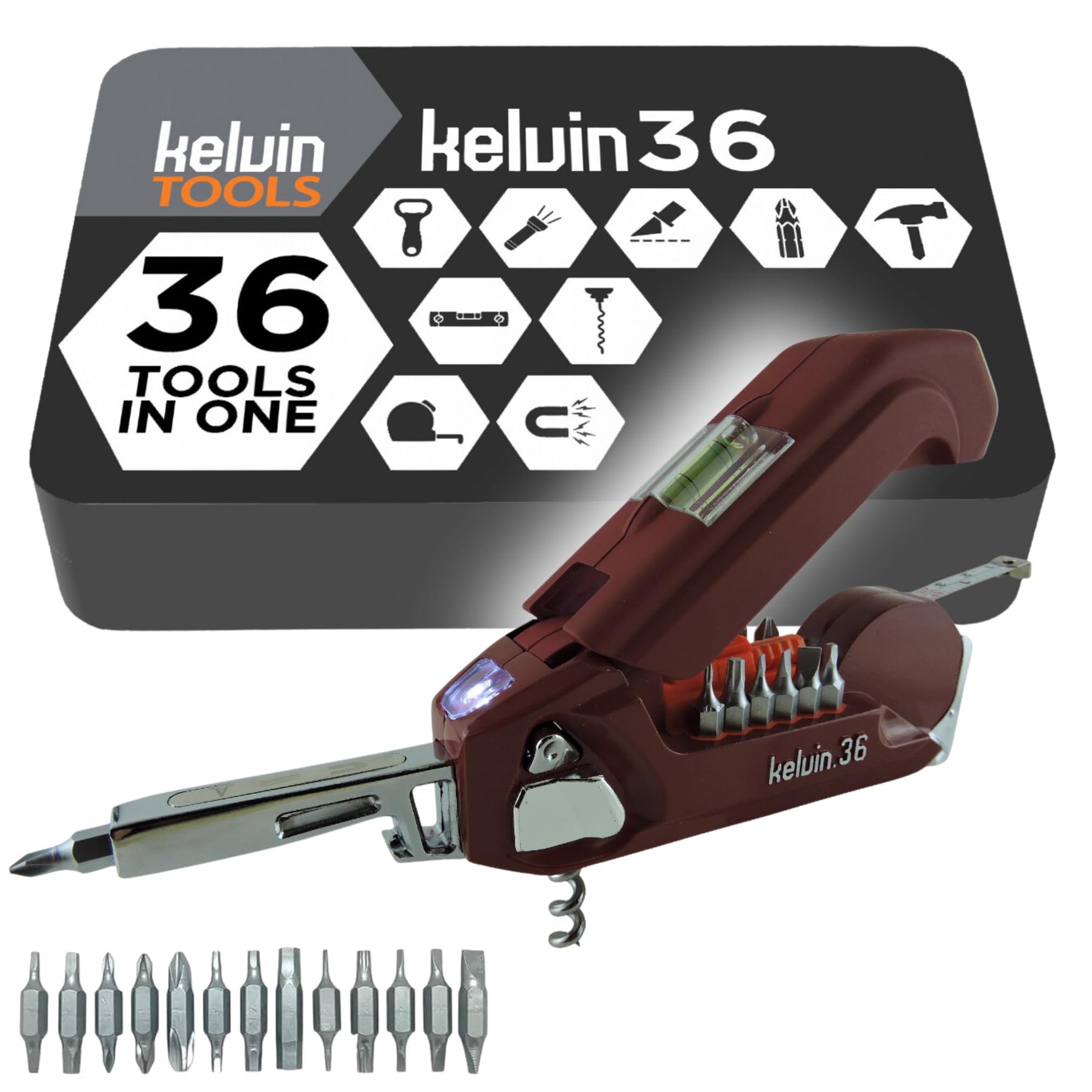Kelvin Tools - Kelvin 36 Urban Multi Tool Screwdriver Set - All in One Hand Tool with 26 Interchangeable Bits, Tape Measure, Liquid Level, Hammer, Flashlight, Corkscrew and Magnetic Tip — image 1