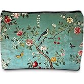 FWSFD Vintage Green Chinoiserie Floral Makeup Bag, Vintage Bird Butterfly Flower Cosmetic Bags for Women, Aesthetic Botanical Pomegranate Zipper Makeup Pouch Travel Toiletry Bag
