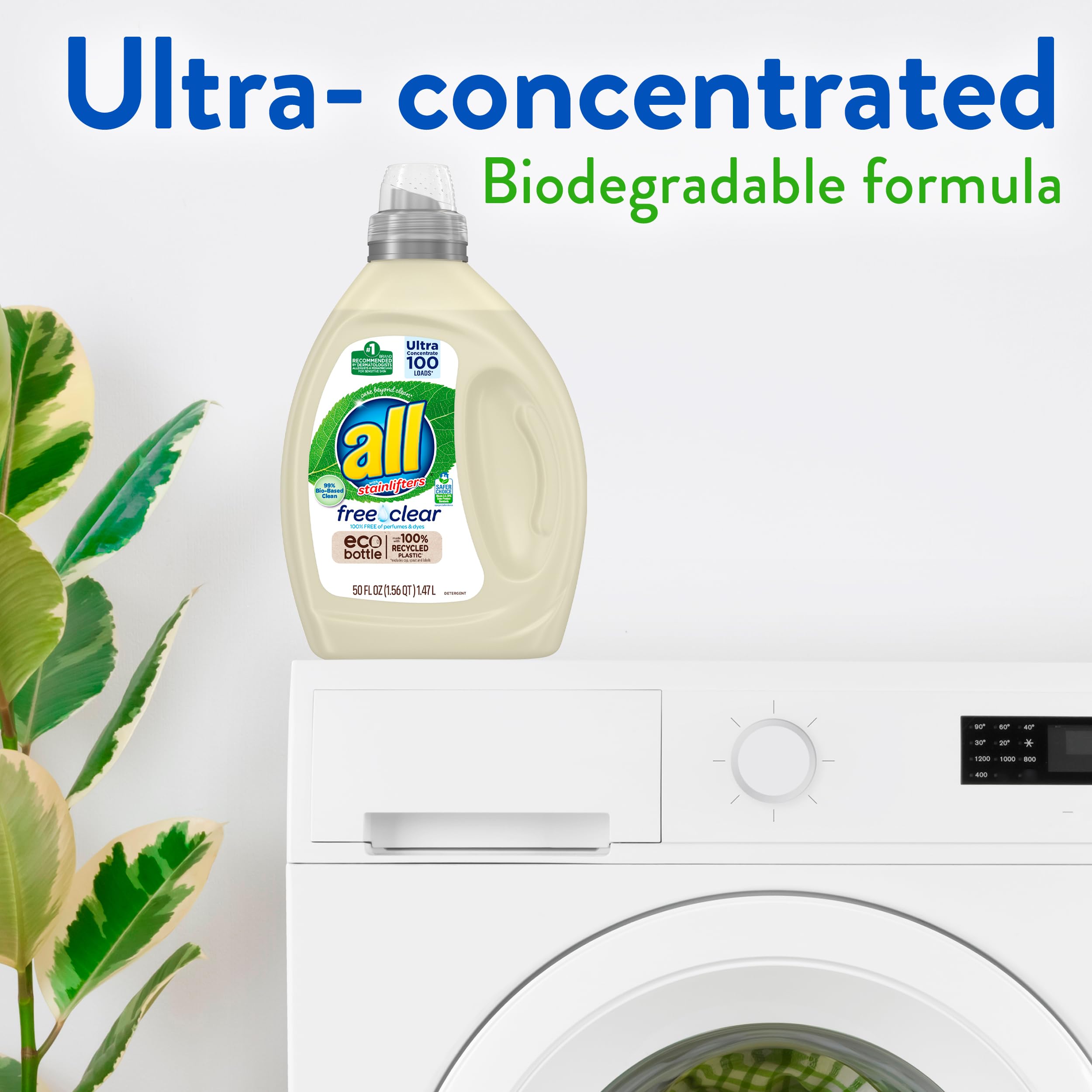 all Laundry Detergent Liquid, Free Clear Eco, Plant-Based Clean, Ultra-Concentrated, 100 Loads