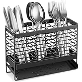 IWNTWY Utensil Holder, Upgrade Stainless Steel Utensil Drying Rack with Automatic Drain Tray for Kitchen Counter, Silverware Cutlery Organizer for Spoons, Forks, Knifes, Chopsticks (Black)